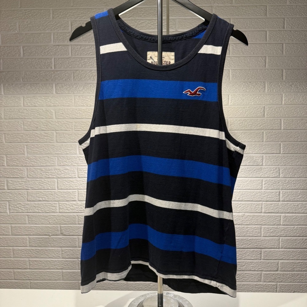 Hollister California Tank Top‎ Mens XL Striped Navy Blue White Red Logo